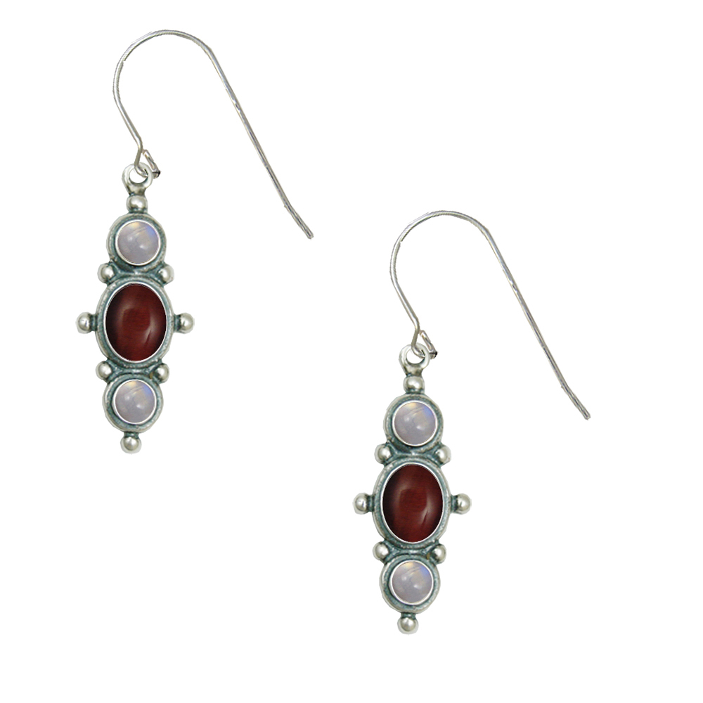 Sterling Silver Drop Dangle Earrings With Red Tiger Eye And Rainbow Moonstone